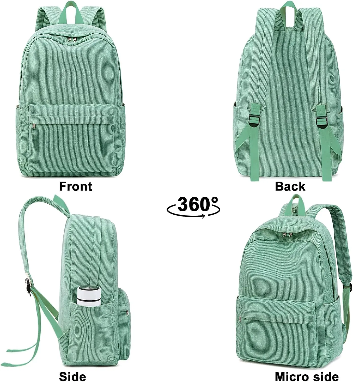 School Backpack for Teens Large Corduroy Bookbag Lightweight 17 inch Laptop Bag for Girls Women Casual High School College Work (Green, 17 inch)