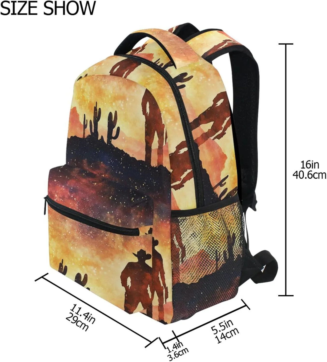School Backpack for Unisex Adult Waterproof Backpack with Chest Strap for Business Work College Travel Trip Western Cowboy Cactus Boots Gun Spurs Vast Desert Sparkling