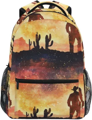 School Backpack for Unisex Adult Waterproof Backpack with Chest Strap for Business Work College Travel Trip Western Cowboy Cactus Boots Gun Spurs Vast Desert Sparkling