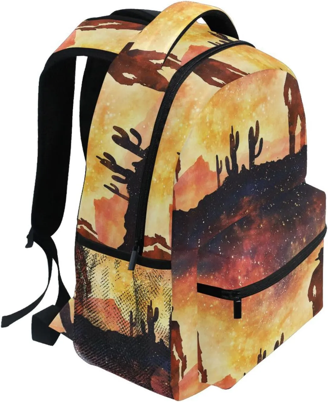 School Backpack for Unisex Adult Waterproof Backpack with Chest Strap for Business Work College Travel Trip Western Cowboy Cactus Boots Gun Spurs Vast Desert Sparkling