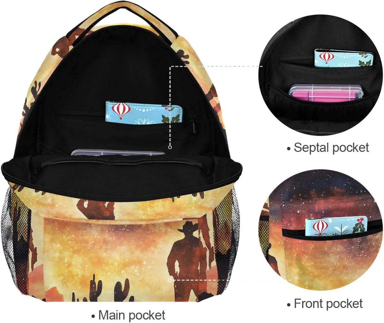 School Backpack for Unisex Adult Waterproof Backpack with Chest Strap for Business Work College Travel Trip Western Cowboy Cactus Boots Gun Spurs Vast Desert Sparkling