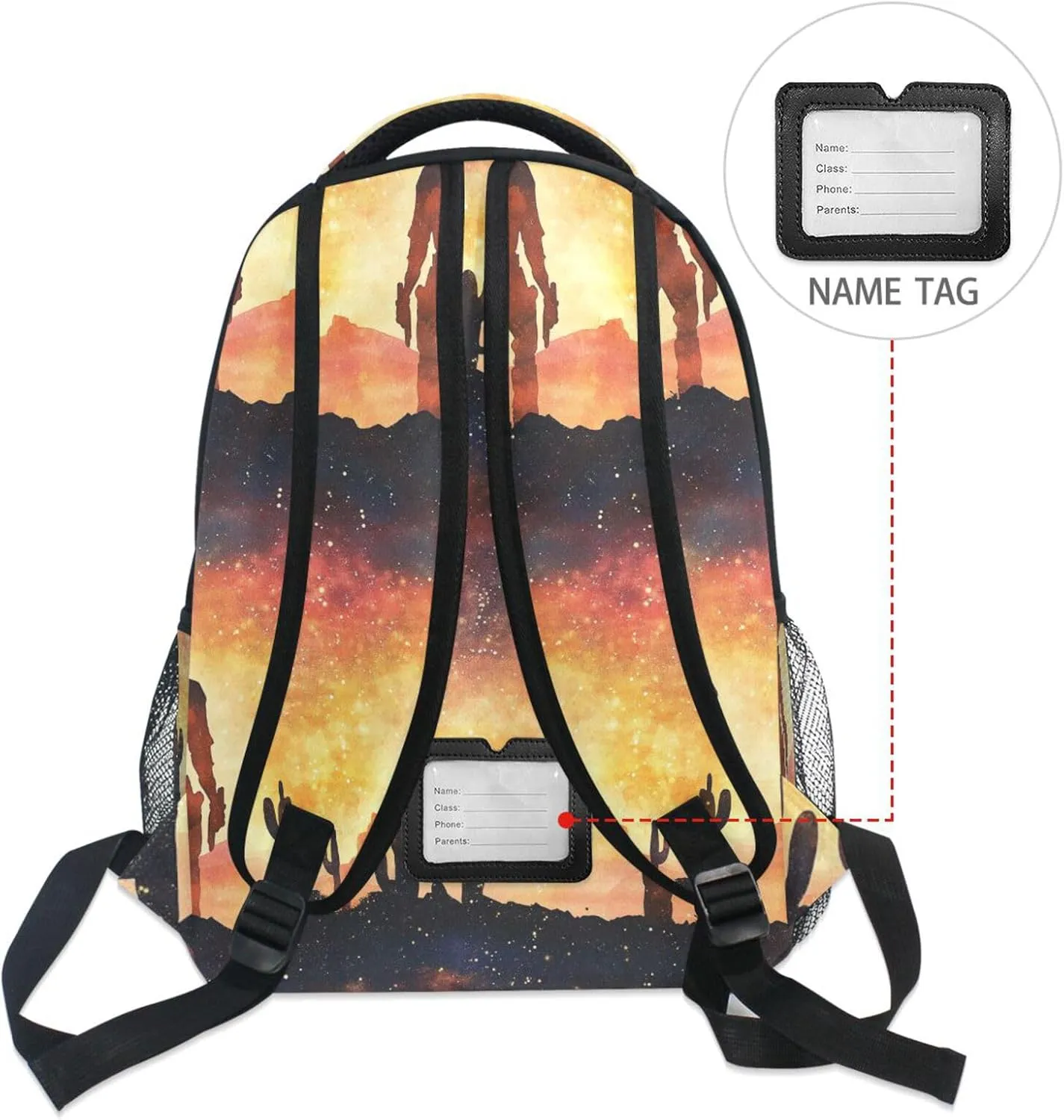 School Backpack for Unisex Adult Waterproof Backpack with Chest Strap for Business Work College Travel Trip Western Cowboy Cactus Boots Gun Spurs Vast Desert Sparkling