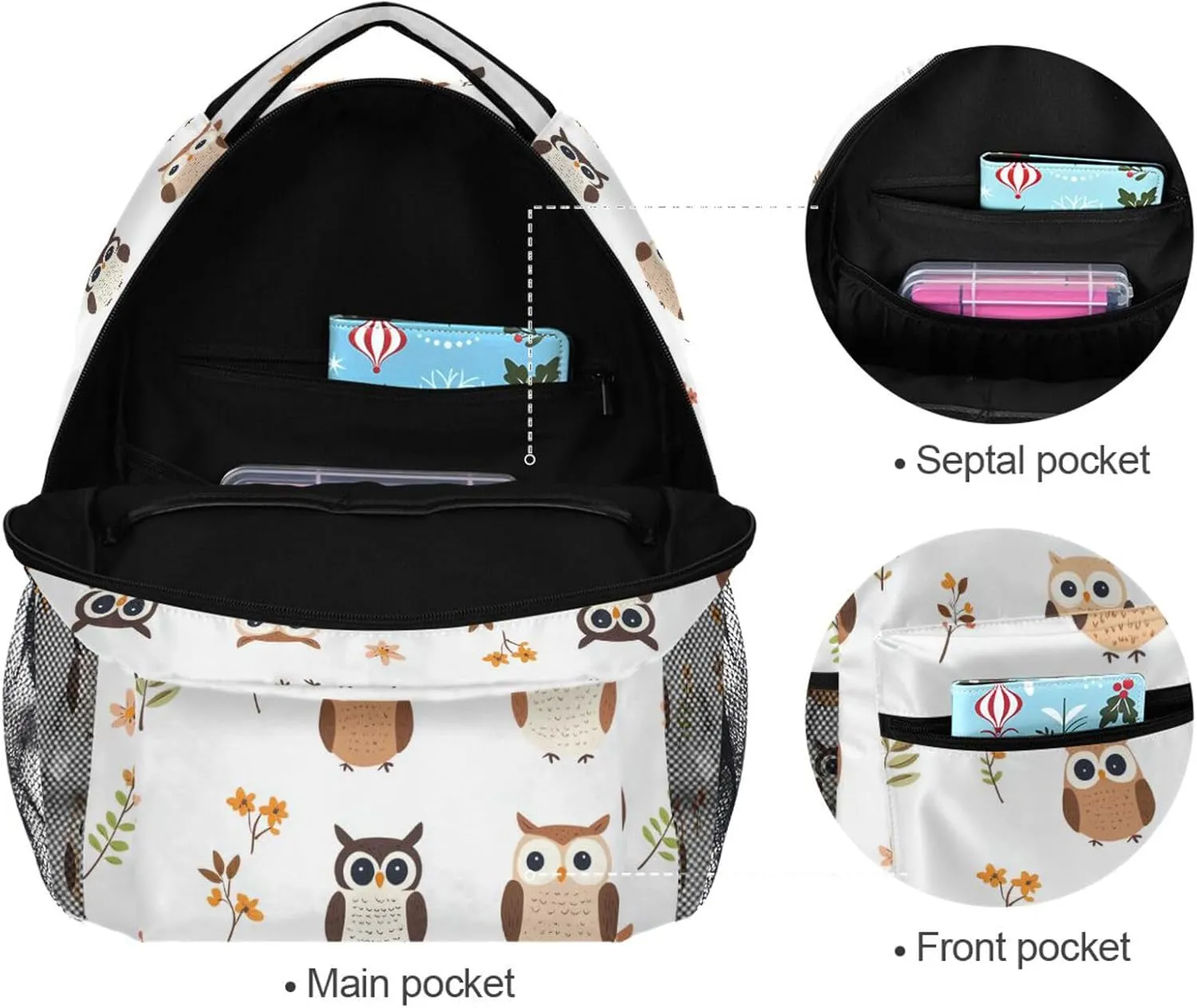 School Backpack for Women Men Waterproof Outdoor Backpack with Chest Strap Gift Men & Women Cartoon Cute Owl White