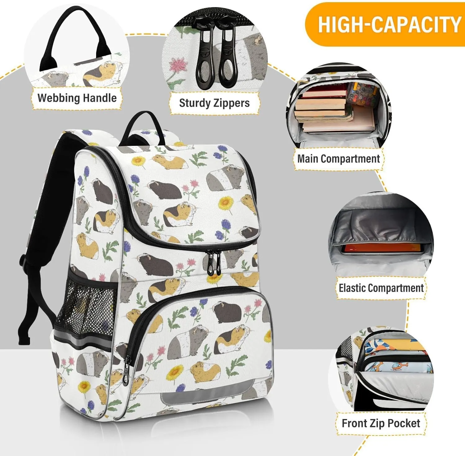 School Backpack with Chest Strap, Guinea Pig Laptop Backpack, Travel Hiking Backpack for Boys Girls, Rucksack, Knapsack