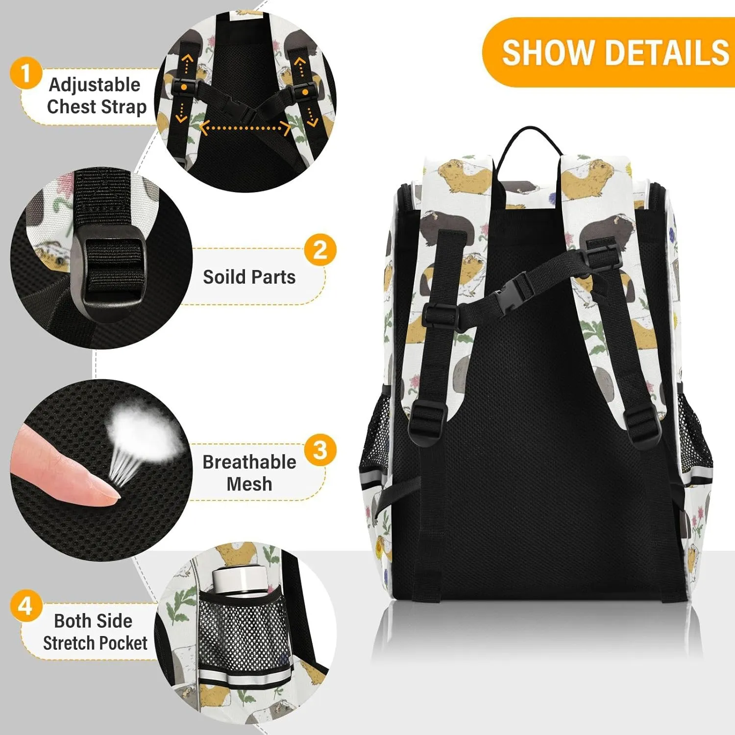 School Backpack with Chest Strap, Guinea Pig Laptop Backpack, Travel Hiking Backpack for Boys Girls, Rucksack, Knapsack