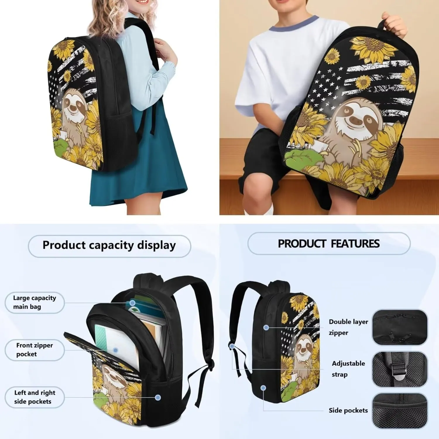Schoolbag 3PCS Set for Kids Children Backpack Set with Pencil Case & Lunch Bag Teens Fashion Bookbags Set for Travel Camping, American Flag Sloth