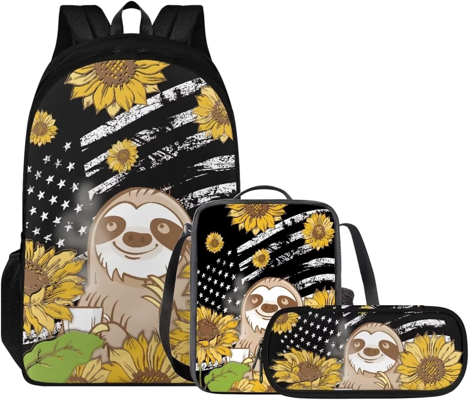 Schoolbag 3PCS Set for Kids Children Backpack Set with Pencil Case & Lunch Bag Teens Fashion Bookbags Set for Travel Camping, American Flag Sloth