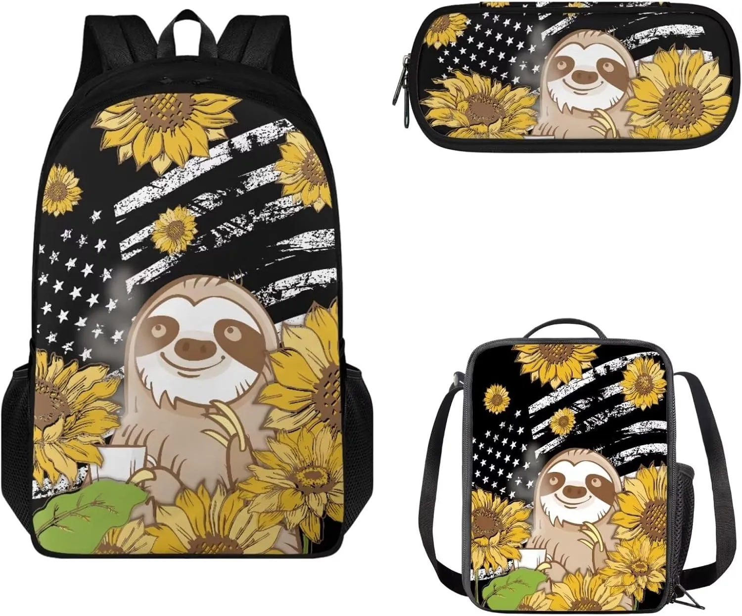 Schoolbag 3PCS Set for Kids Children Backpack Set with Pencil Case & Lunch Bag Teens Fashion Bookbags Set for Travel Camping, American Flag Sloth