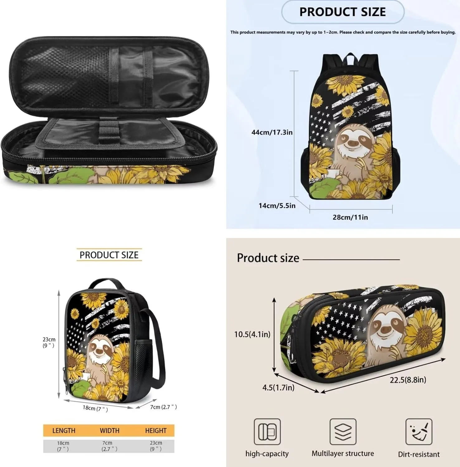 Schoolbag 3PCS Set for Kids Children Backpack Set with Pencil Case & Lunch Bag Teens Fashion Bookbags Set for Travel Camping, American Flag Sloth