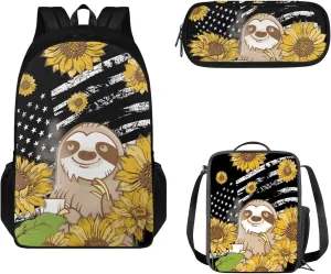 Schoolbag 3PCS Set for Kids Children Backpack Set with Pencil Case & Lunch Bag Teens Fashion Bookbags Set for Travel Camping, American Flag Sloth
