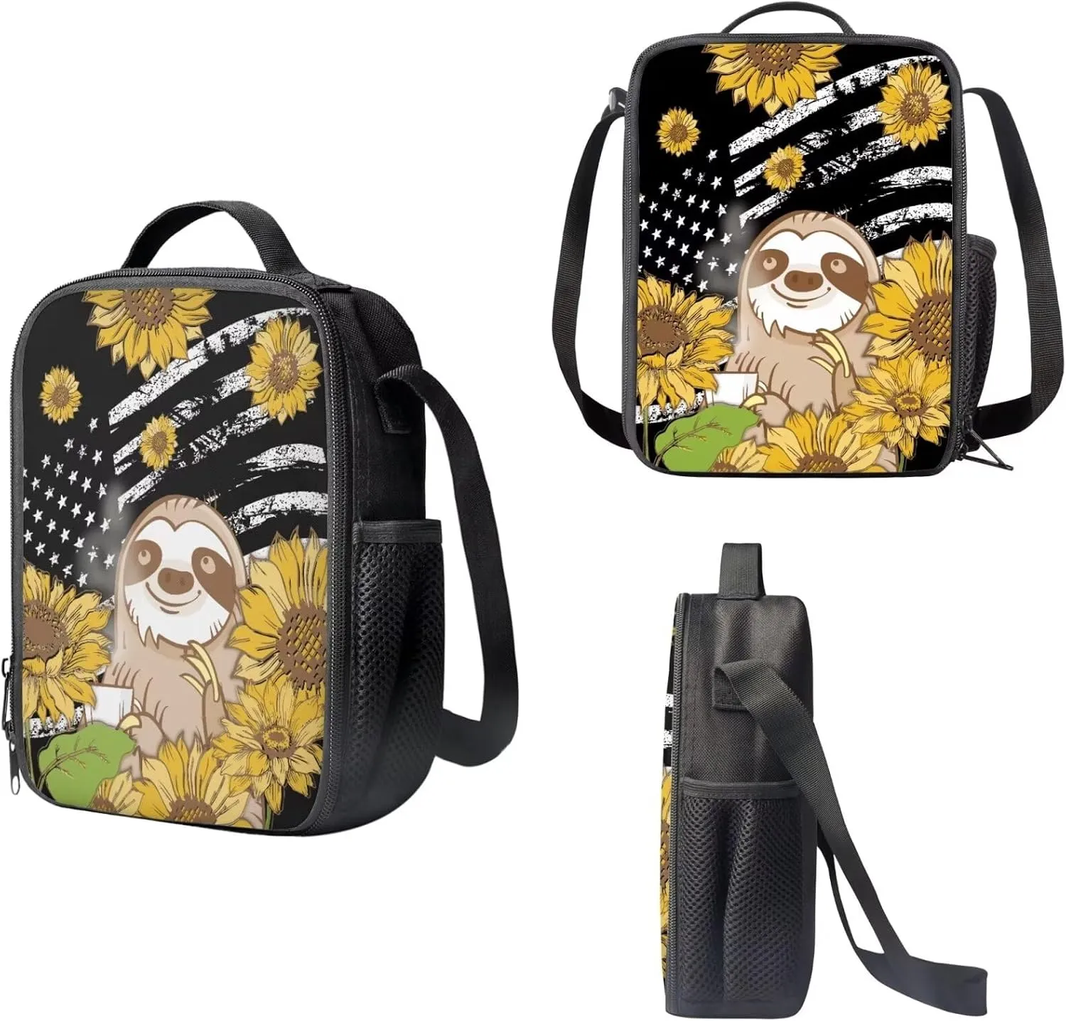 Schoolbag 3PCS Set for Kids Children Backpack Set with Pencil Case & Lunch Bag Teens Fashion Bookbags Set for Travel Camping, American Flag Sloth