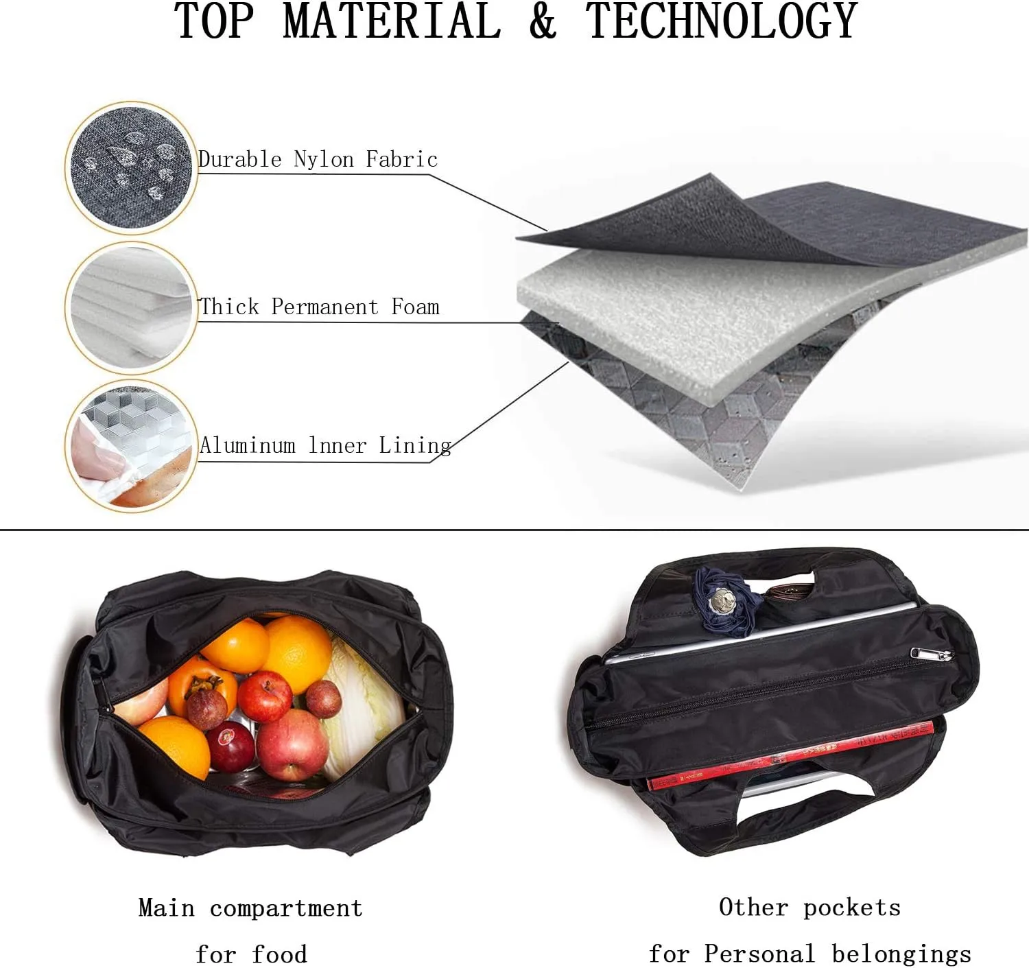 Scorlia Insulated Lunch Shoulder bag, Extra Large Lunch Tote Handbag, Durable Reusable Cooler Ladies lunch Box Bag with Side pockets, Tall Drinks Holder for Women Men Work, Black