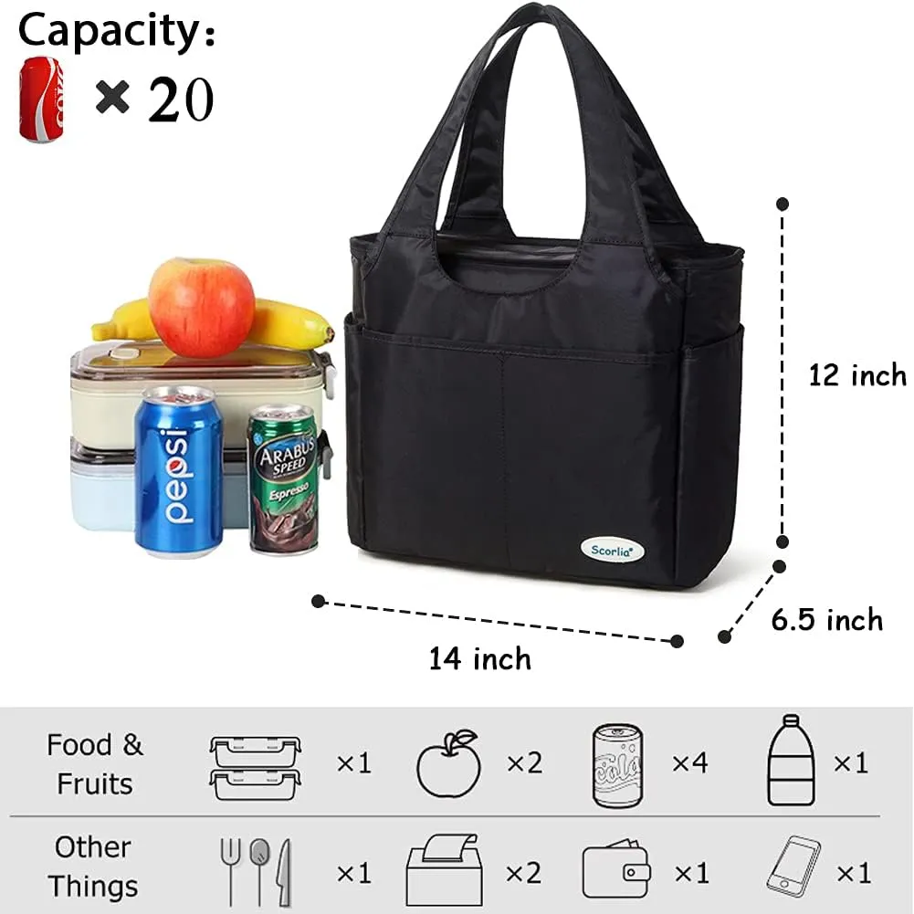 Scorlia Insulated Lunch Shoulder bag, Extra Large Lunch Tote Handbag, Durable Reusable Cooler Ladies lunch Box Bag with Side pockets, Tall Drinks Holder for Women Men Work, Black
