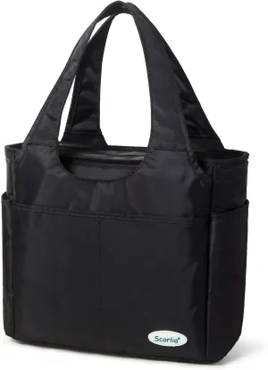 Scorlia Insulated Lunch Shoulder bag, Extra Large Lunch Tote Handbag, Durable Reusable Cooler Ladies lunch Box Bag with Side pockets, Tall Drinks Holder for Women Men Work, Black