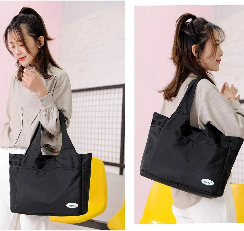 Scorlia Insulated Lunch Shoulder bag, Extra Large Lunch Tote Handbag, Durable Reusable Cooler Ladies lunch Box Bag with Side pockets, Tall Drinks Holder for Women Men Work, Black