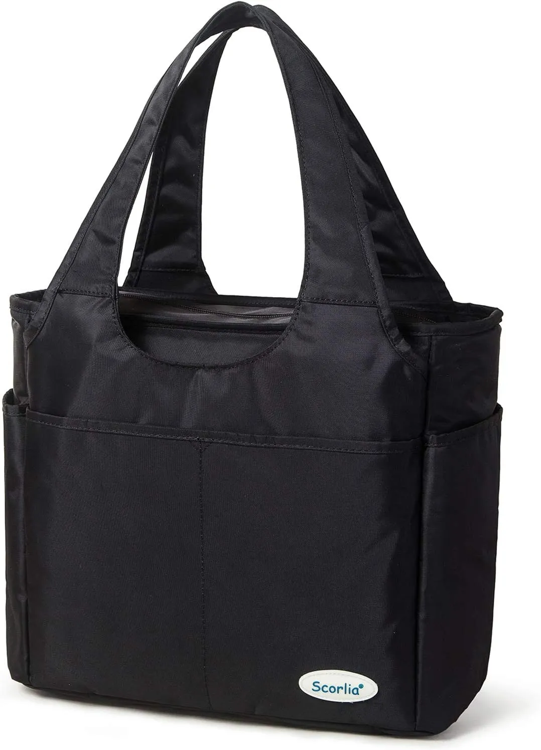 Scorlia Insulated Lunch Shoulder bag, Extra Large Lunch Tote Handbag, Durable Reusable Cooler Ladies lunch Box Bag with Side pockets, Tall Drinks Holder for Women Men Work, Black