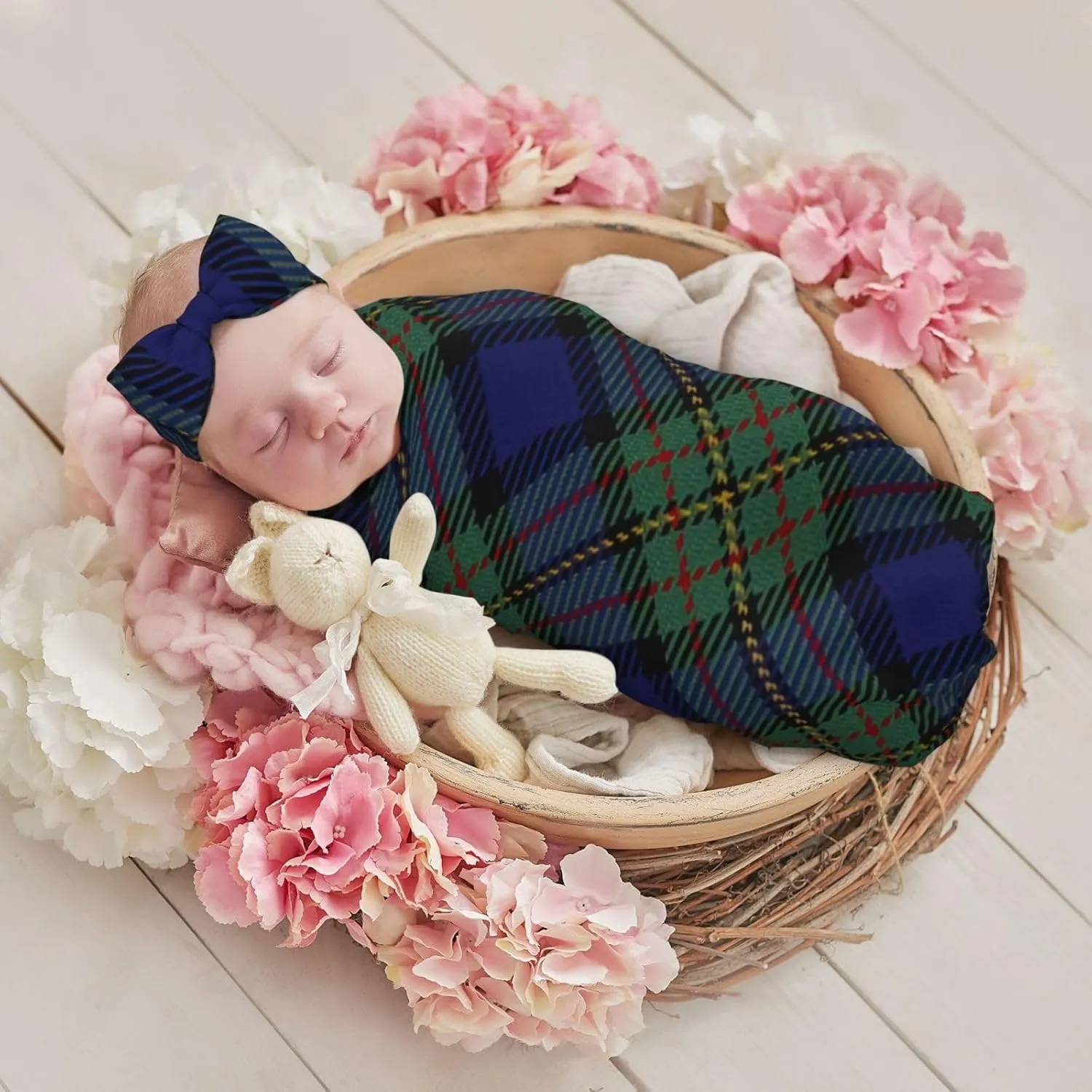 Scottish Clan Maclaren Tartan Newborn Receiving Blanket Toddler Warm for Girls with Matching Hat and Bow Headband Shower Gift
