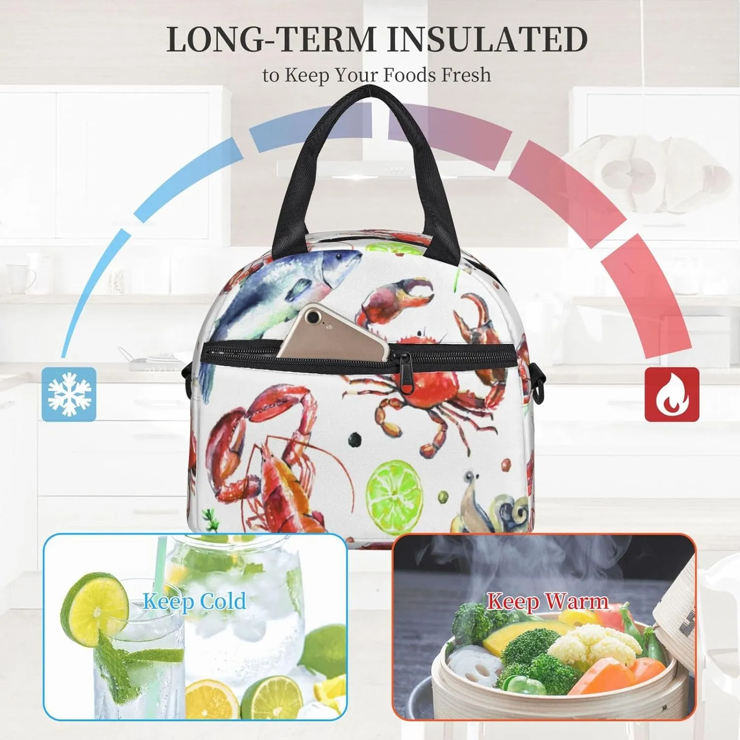 Sea Fish Octopus Art Seafood Crab Lobster Lunch Bag Hand Tote Crossbody Insulated Lunch Bag Large Portable Lunch Box