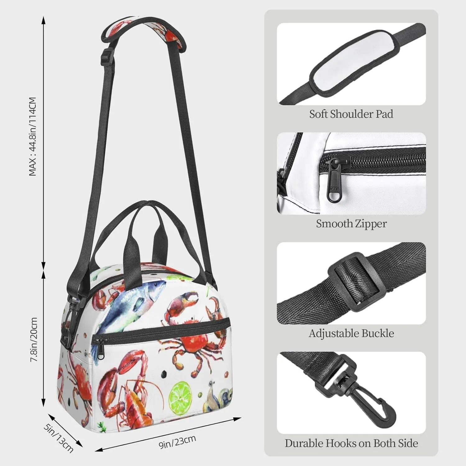 Sea Fish Octopus Art Seafood Crab Lobster Lunch Bag Hand Tote Crossbody Insulated Lunch Bag Large Portable Lunch Box