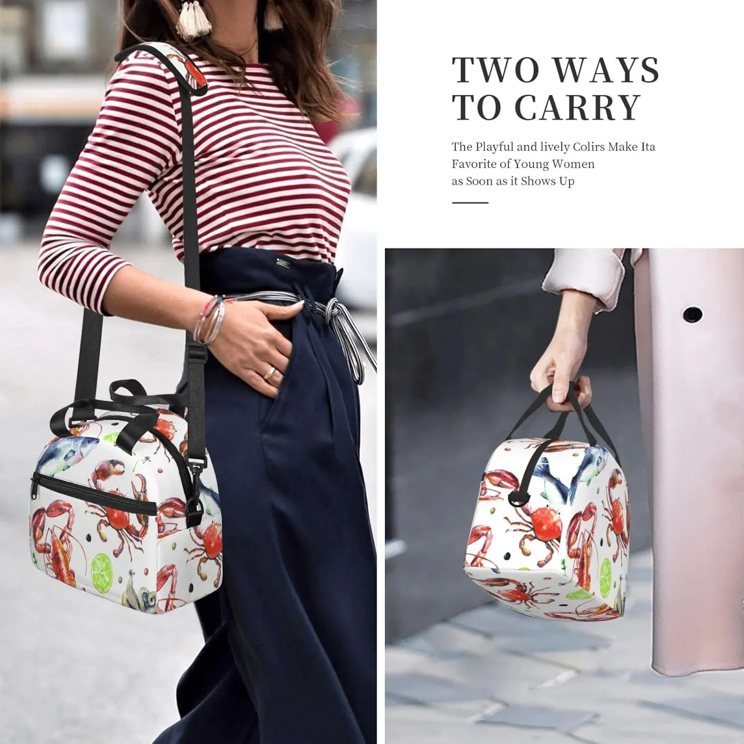 Sea Fish Octopus Art Seafood Crab Lobster Lunch Bag Hand Tote Crossbody Insulated Lunch Bag Large Portable Lunch Box