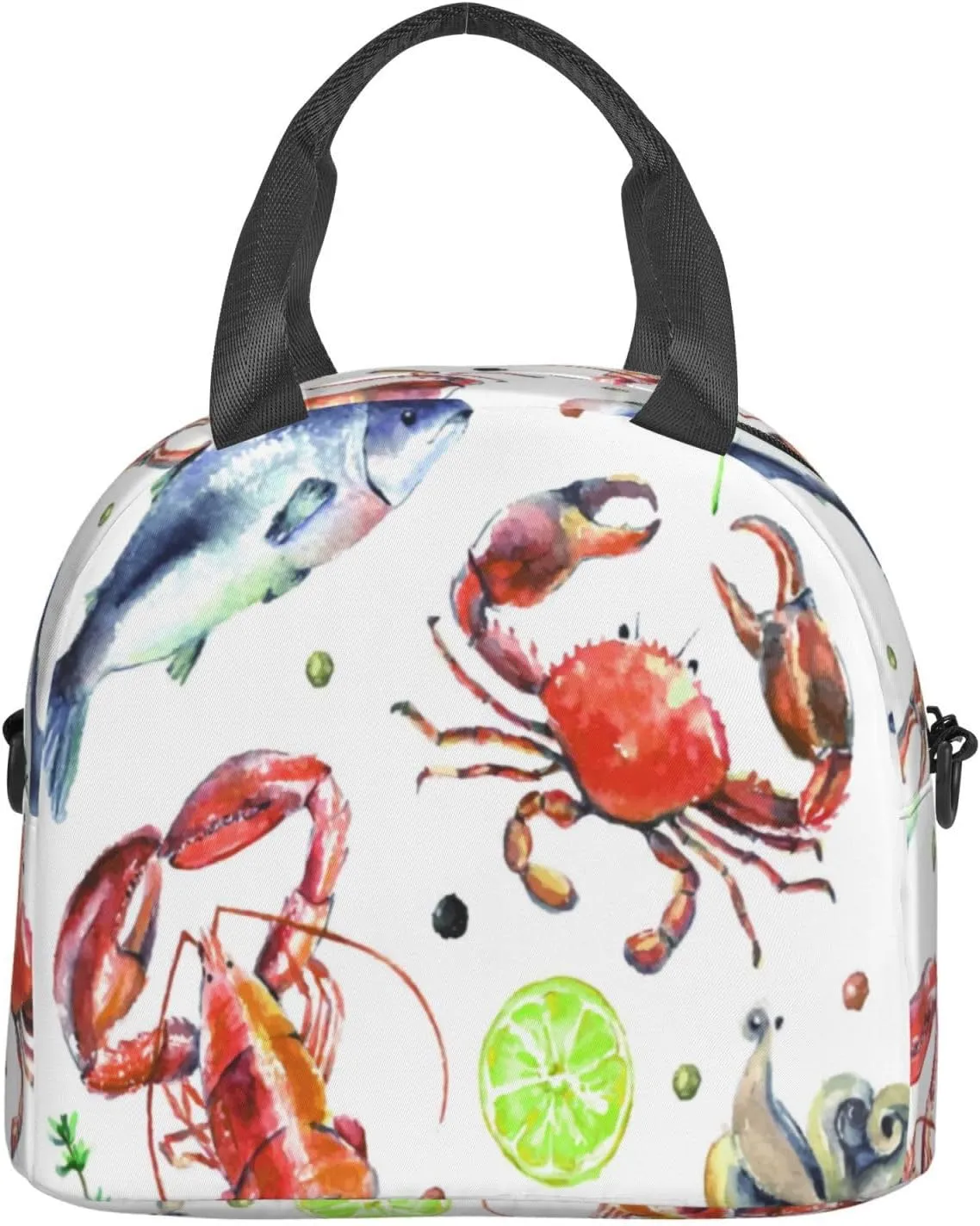 Sea Fish Octopus Art Seafood Crab Lobster Lunch Bag Hand Tote Crossbody Insulated Lunch Bag Large Portable Lunch Box