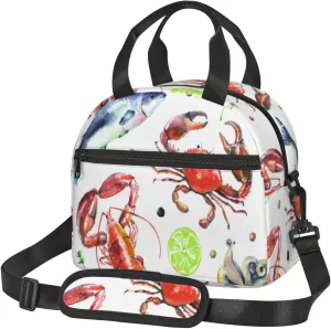 Sea Fish Octopus Art Seafood Crab Lobster Lunch Bag Hand Tote Crossbody Insulated Lunch Bag Large Portable Lunch Box