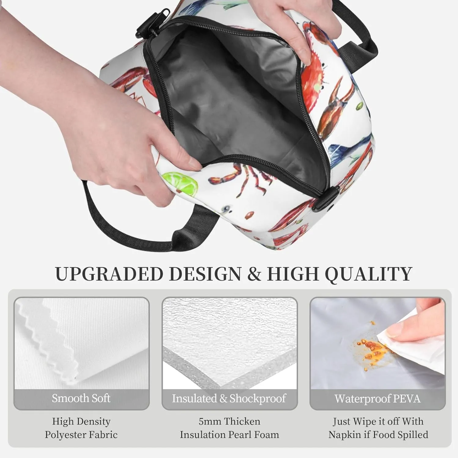 Sea Fish Octopus Art Seafood Crab Lobster Lunch Bag Hand Tote Crossbody Insulated Lunch Bag Large Portable Lunch Box