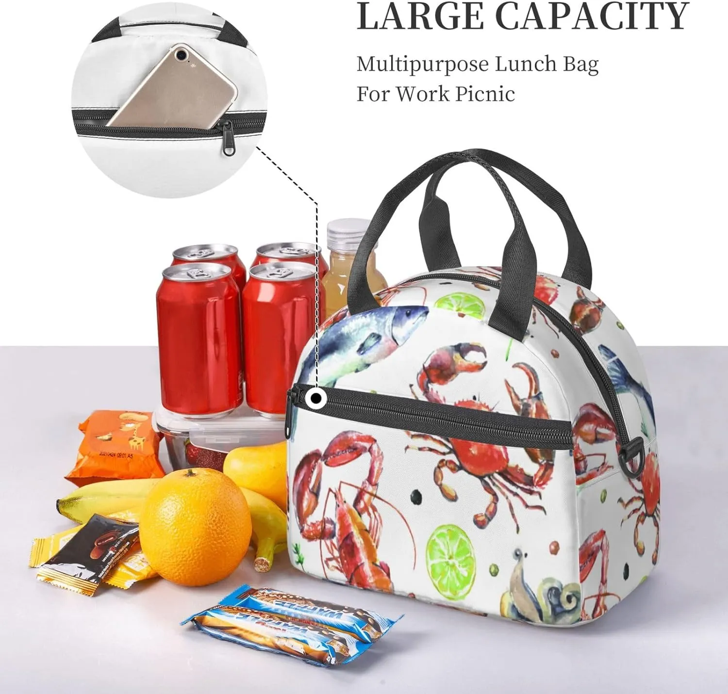 Sea Fish Octopus Art Seafood Crab Lobster Lunch Bag Hand Tote Crossbody Insulated Lunch Bag Large Portable Lunch Box