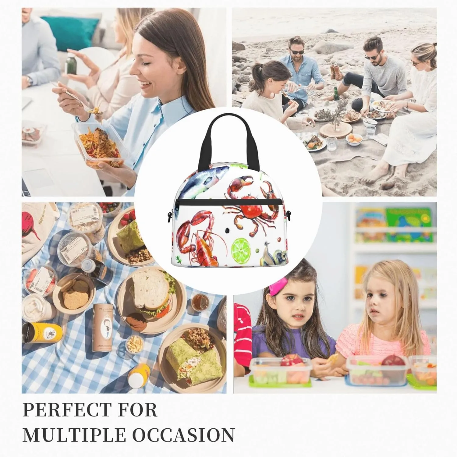 Sea Fish Octopus Art Seafood Crab Lobster Lunch Bag Hand Tote Crossbody Insulated Lunch Bag Large Portable Lunch Box