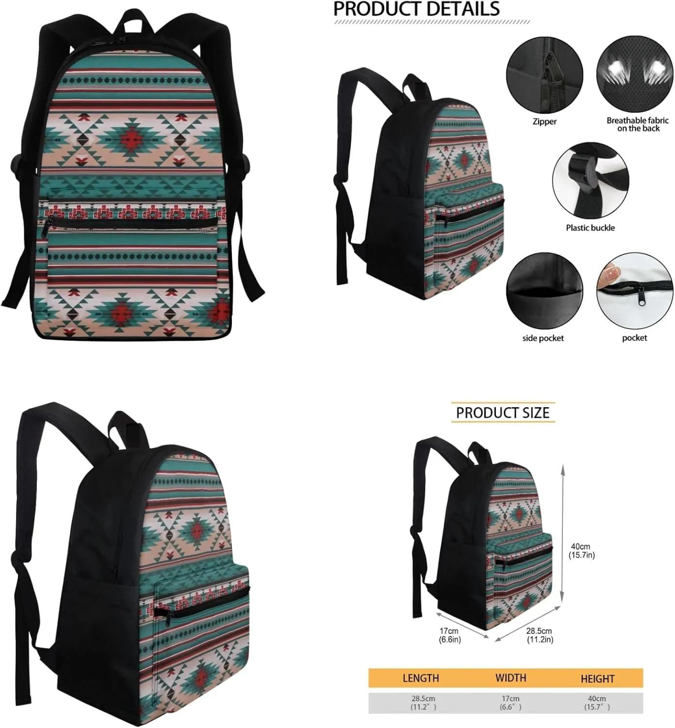 SEANATIVE 3 Piece School Backpack with Lunch Box and Pencil Bag,Aztec Geometric Print Travel Daypack Large Capacity