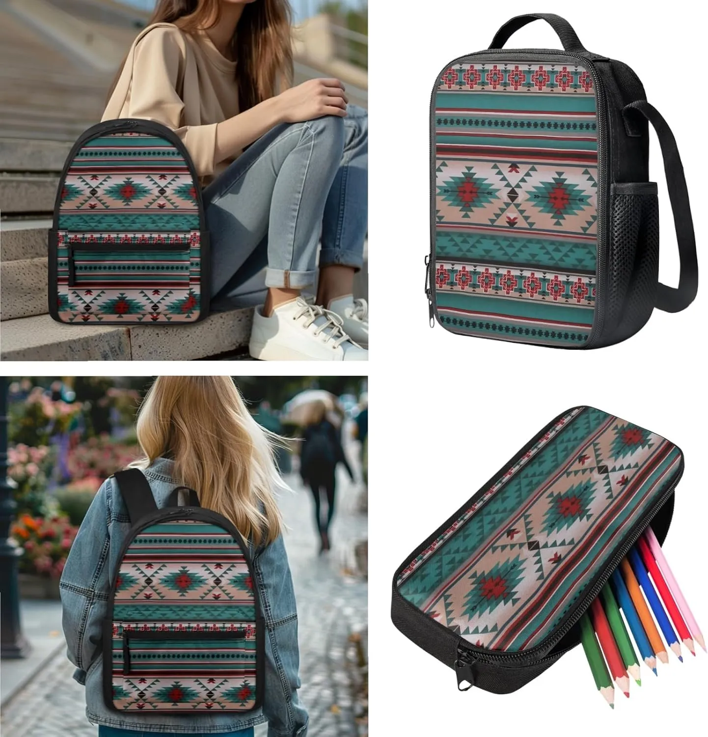 SEANATIVE 3 Piece School Backpack with Lunch Box and Pencil Bag,Aztec Geometric Print Travel Daypack Large Capacity