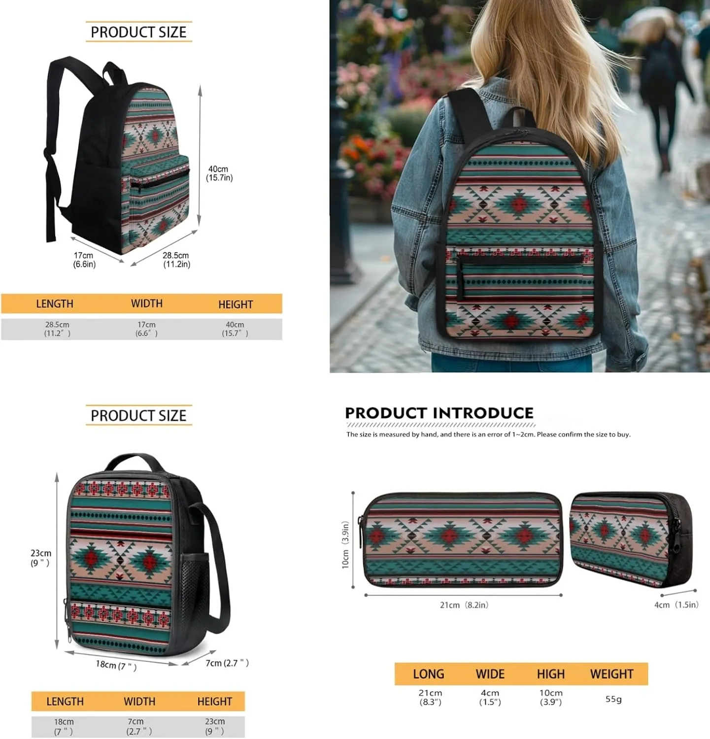 SEANATIVE 3 Piece School Backpack with Lunch Box and Pencil Bag,Aztec Geometric Print Travel Daypack Large Capacity