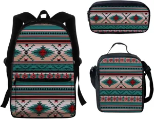 SEANATIVE 3 Piece School Backpack with Lunch Box and Pencil Bag,Aztec Geometric Print Travel Daypack Large Capacity