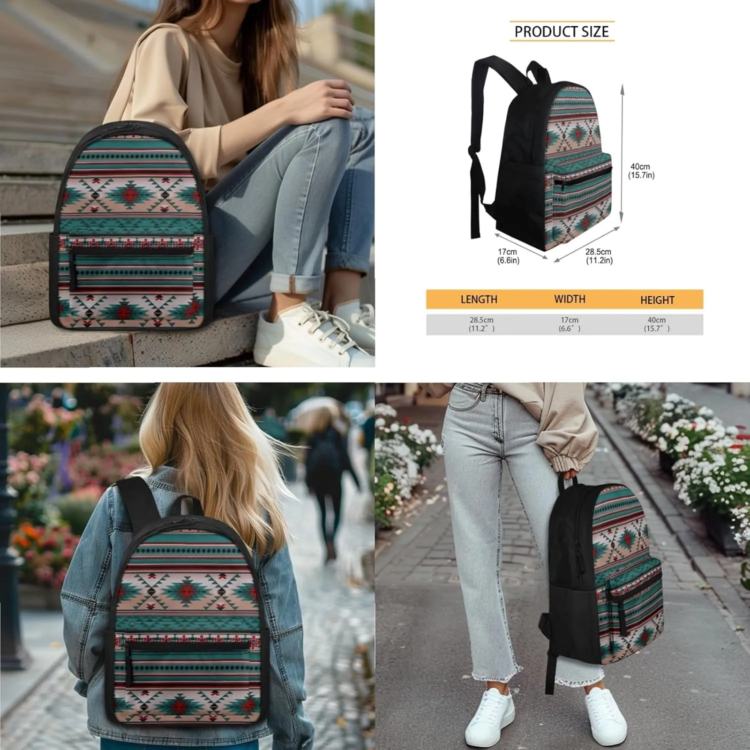 SEANATIVE 3 Piece School Backpack with Lunch Box and Pencil Bag,Aztec Geometric Print Travel Daypack Large Capacity