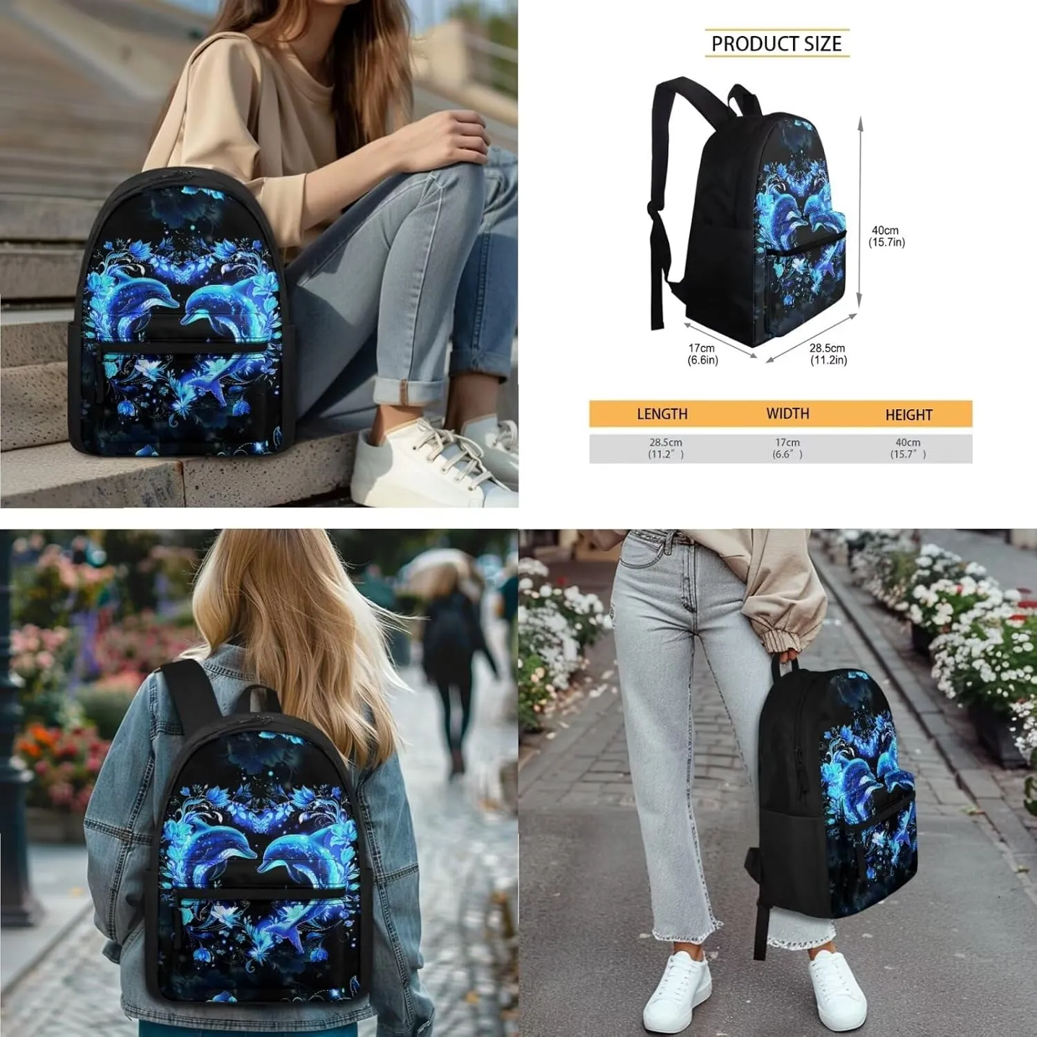 SEANATIVE Dolphin Backpack and Lunch Bag Set, Color Bookbags 16 Inch School Backpack with Pencil Organizer Large Capacity Schoolbag Stationery