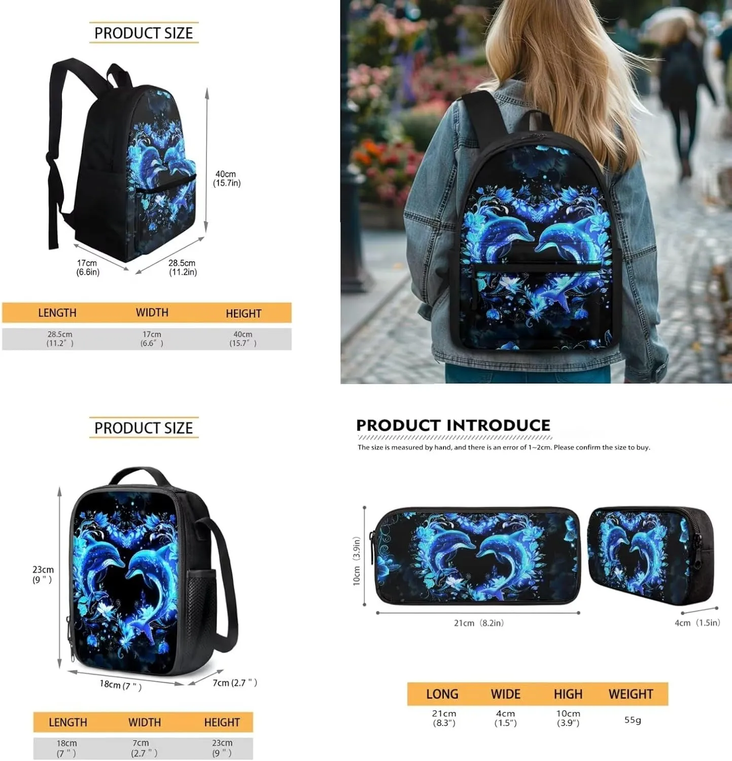 SEANATIVE Dolphin Backpack and Lunch Bag Set, Color Bookbags 16 Inch School Backpack with Pencil Organizer Large Capacity Schoolbag Stationery
