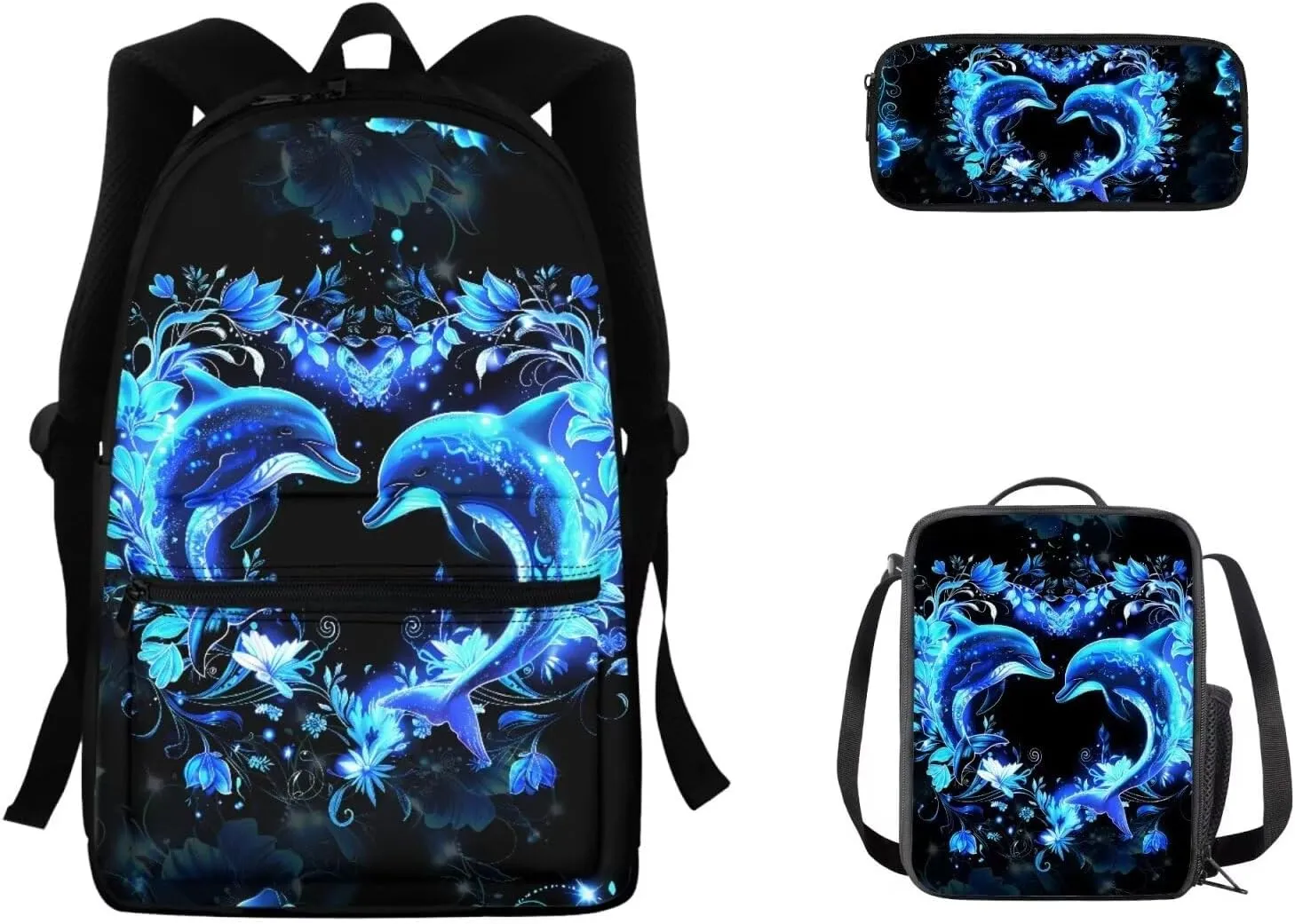 SEANATIVE Dolphin Backpack and Lunch Bag Set, Color Bookbags 16 Inch School Backpack with Pencil Organizer Large Capacity Schoolbag Stationery