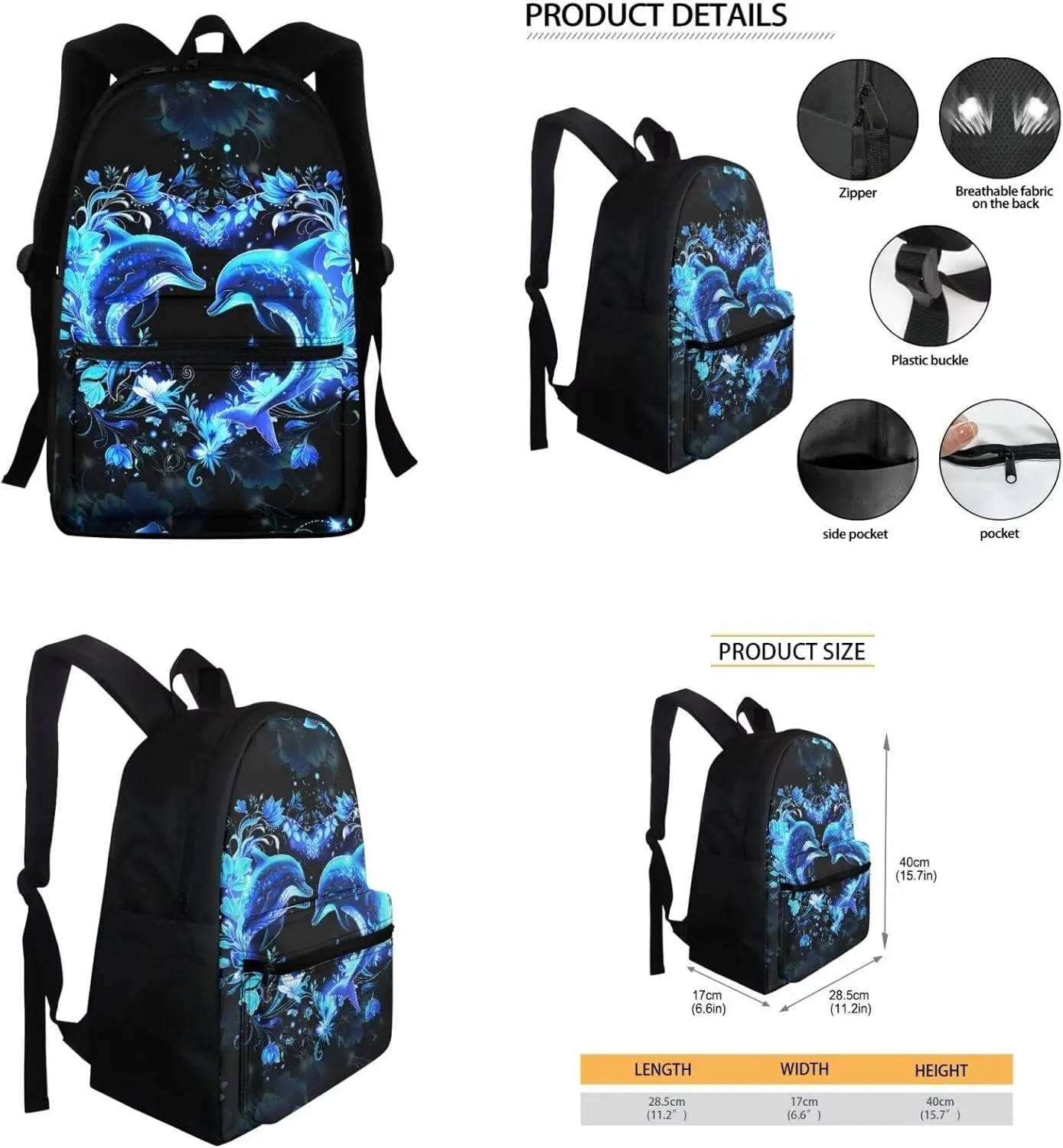 SEANATIVE Dolphin Backpack and Lunch Bag Set, Color Bookbags 16 Inch School Backpack with Pencil Organizer Large Capacity Schoolbag Stationery