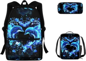 SEANATIVE Dolphin Backpack and Lunch Bag Set, Color Bookbags 16 Inch School Backpack with Pencil Organizer Large Capacity Schoolbag Stationery