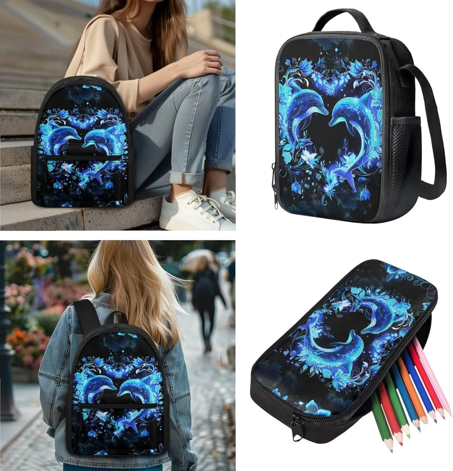 SEANATIVE Dolphin Backpack and Lunch Bag Set, Color Bookbags 16 Inch School Backpack with Pencil Organizer Large Capacity Schoolbag Stationery