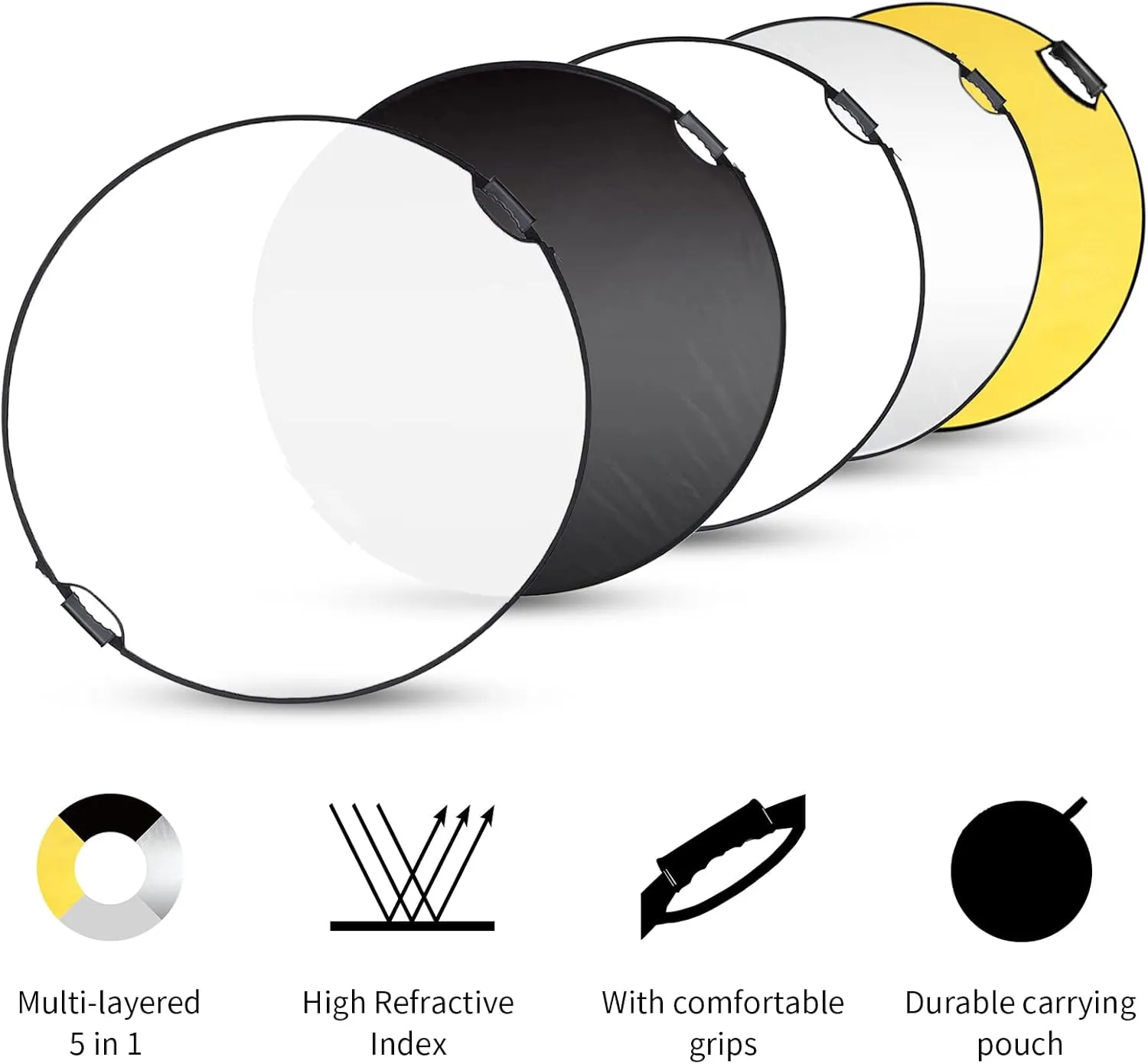 Selens 43 Inch (110cm) Photography Reflector, Collapsible Light Reflector with Carrying Case, 5 in 1 Reflector for Photography Photo Studio Lighting -Translucent, Silver, Gold, White and Black