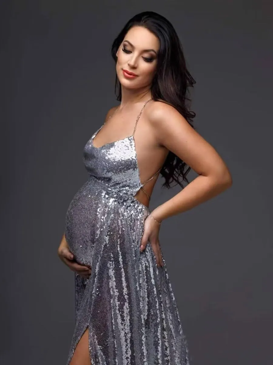Sequin Maternity Dress for Photoshoot Sparkly Baby Shower Dresses Maxi Photo Shoot for Photography