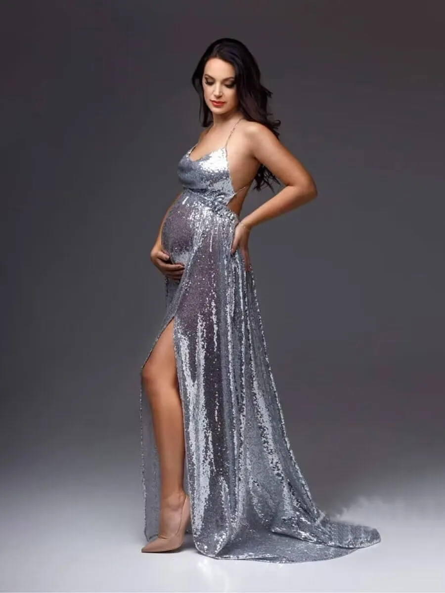 Sequin Maternity Dress for Photoshoot Sparkly Baby Shower Dresses Maxi Photo Shoot for Photography