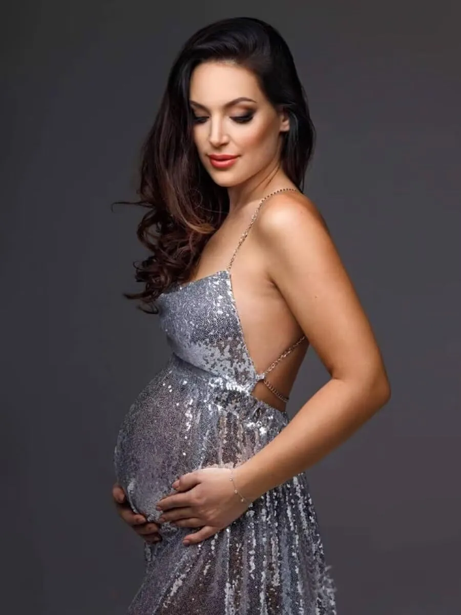 Sequin Maternity Dress for Photoshoot Sparkly Baby Shower Dresses Maxi Photo Shoot for Photography