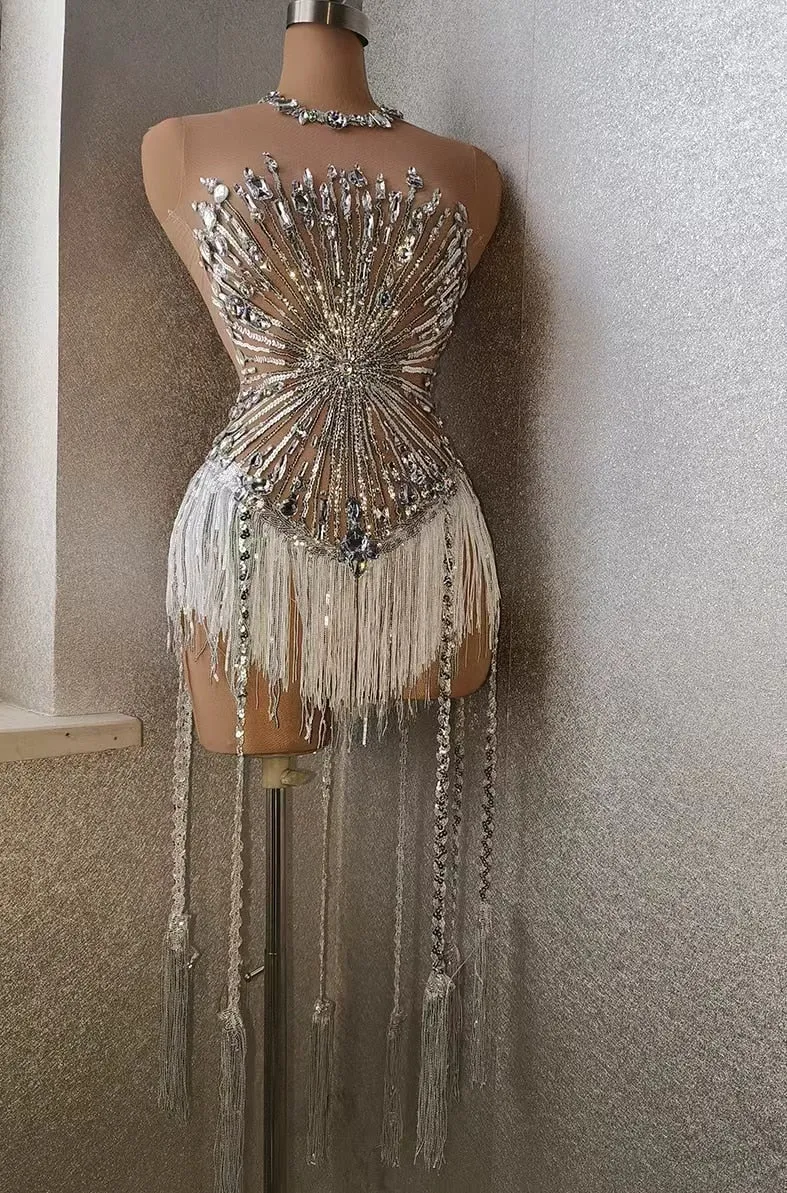 Sexy Rhinestone Crystal Bodysuit Women Big Stretch Tassel Club Prom Drag Queen Costume DS Stage Singer Dance Fringe Leotard