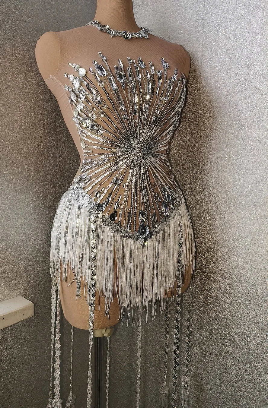 Sexy Rhinestone Crystal Bodysuit Women Big Stretch Tassel Club Prom Drag Queen Costume DS Stage Singer Dance Fringe Leotard