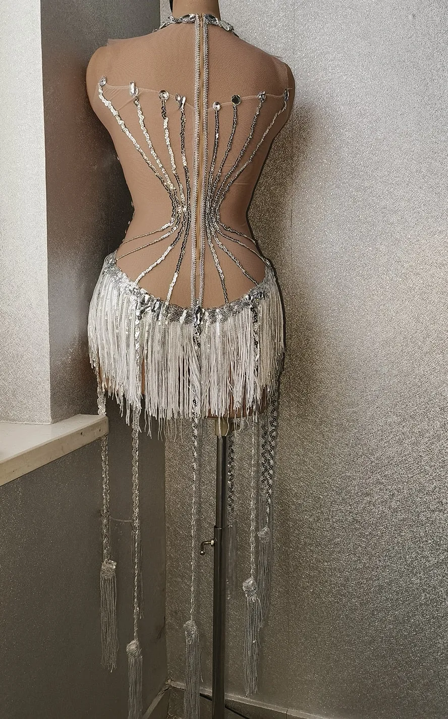 Sexy Rhinestone Crystal Bodysuit Women Big Stretch Tassel Club Prom Drag Queen Costume DS Stage Singer Dance Fringe Leotard