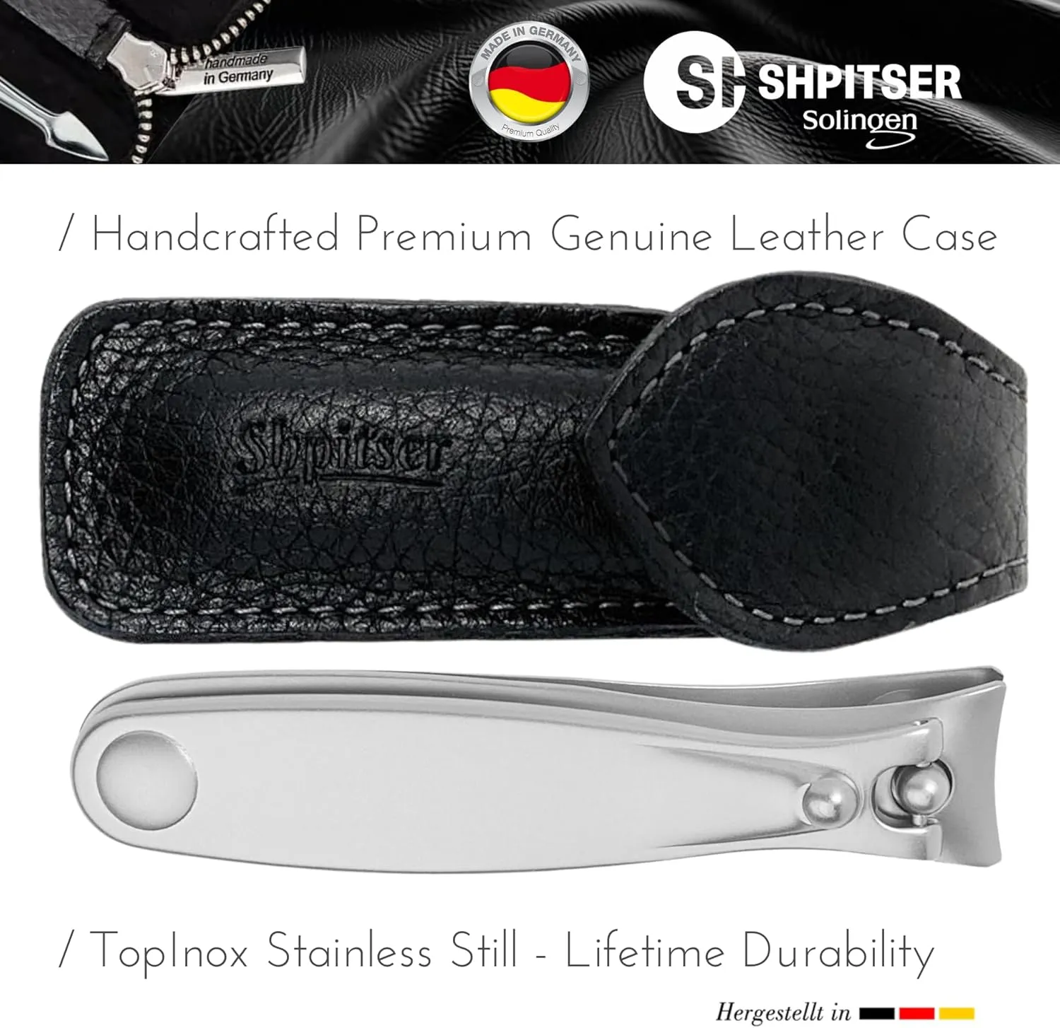 Shpitser Manicure and Pedicure Large Toenail Clipper, German Stainless Steel, Handmade in Solingen Germany, Large, 8cm, Leather Case (Black)