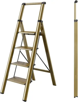SHU 4-Step Ladder Folding Portable Multi-Functional Aluminum Alloy Ladder Indoor Flower Stand Non-Slip Foot mat Climbing Ladder (Color : Champagne Gold Color)