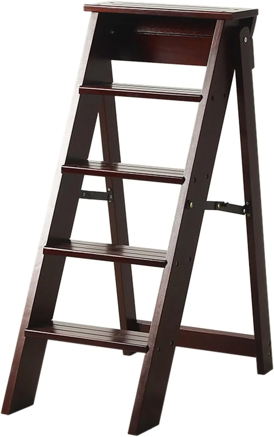 SHU Thickened Solid Wood Five-Step Climbing Ladder Multi-Functional Load-Bearing Herringbone Ladder Indoor Flower Stand (Color : Dark Brown Color)